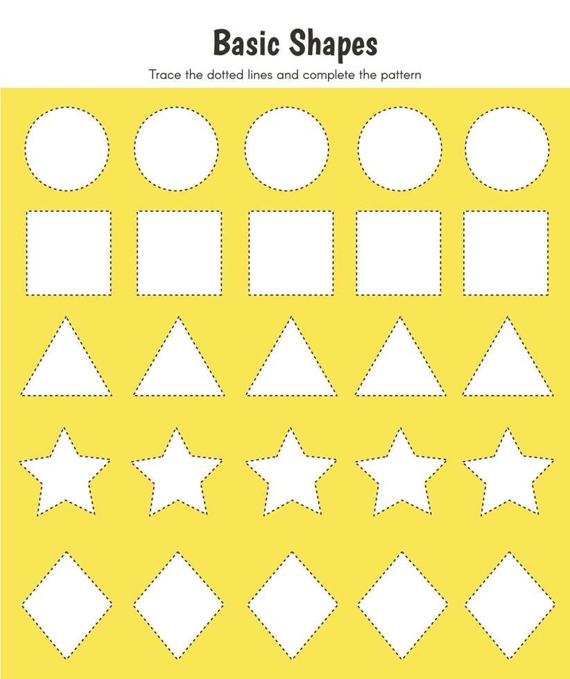 Zeichnen Sie Grundformen, zeichnen Sie die gestrichelten Linien nach und färben Sie die Form. Übungsarbeitsblatt für den Kindergarten. Motorik und IQ-Test. druckbares Arbeitsblatt für Online-Bildung. Vektor-Illustration. vektor