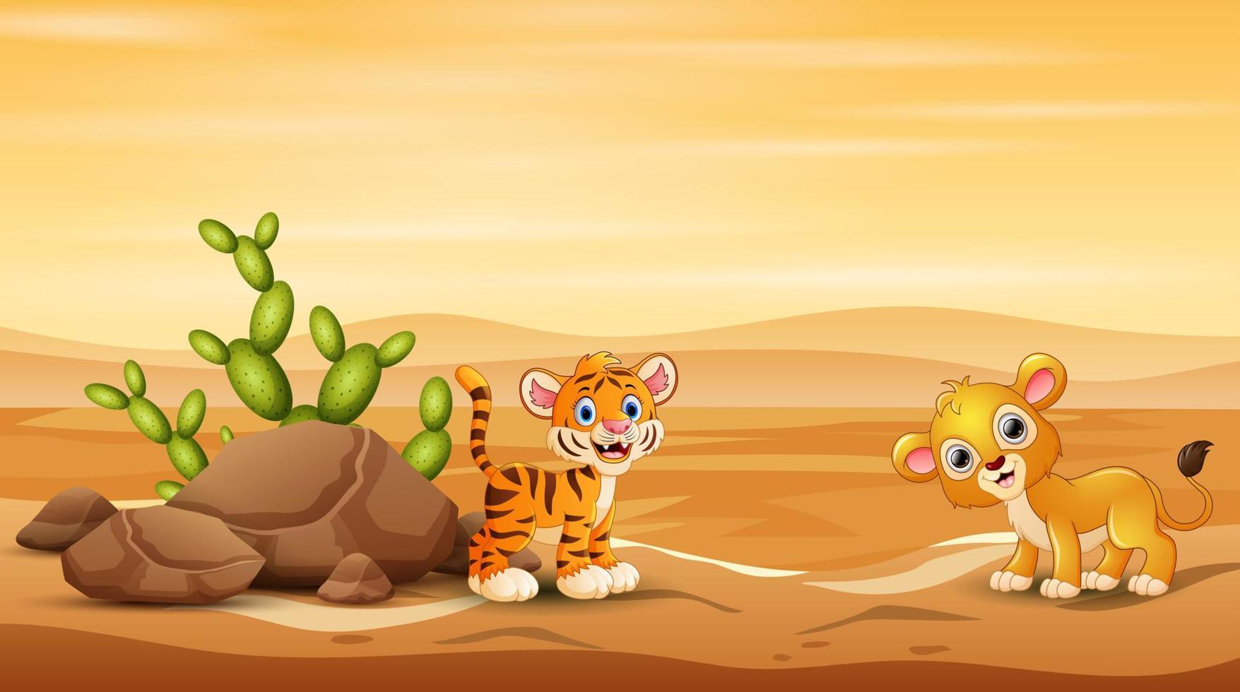 baby tiger och lejon leker i ökenlandskap vektor