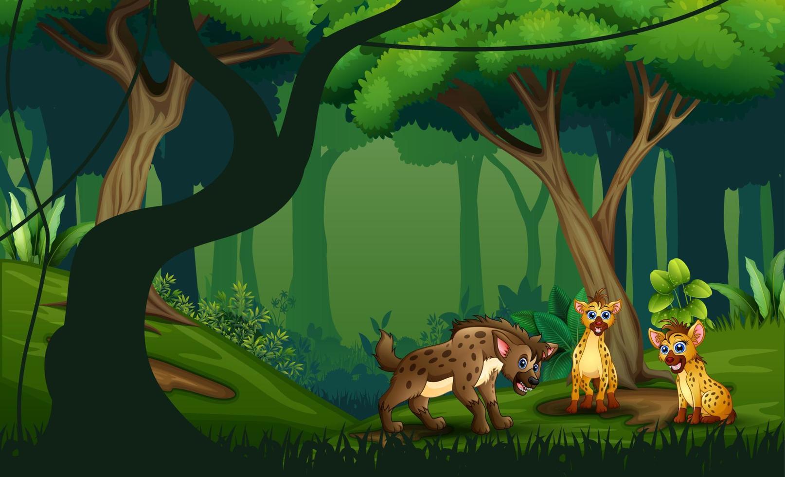 Cartoon drei Hyänen in einem tropischen Dschungel-Regenwald-Hintergrund vektor