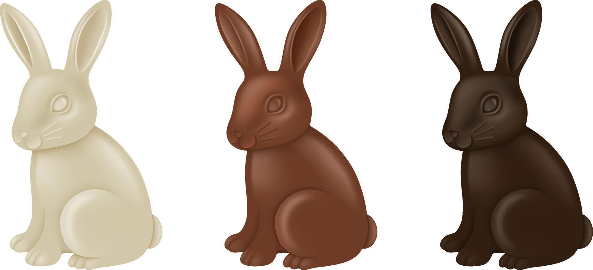uppsättning av choklad påskkaniner. mörk, mjölk och vit choklad kaniner vektor