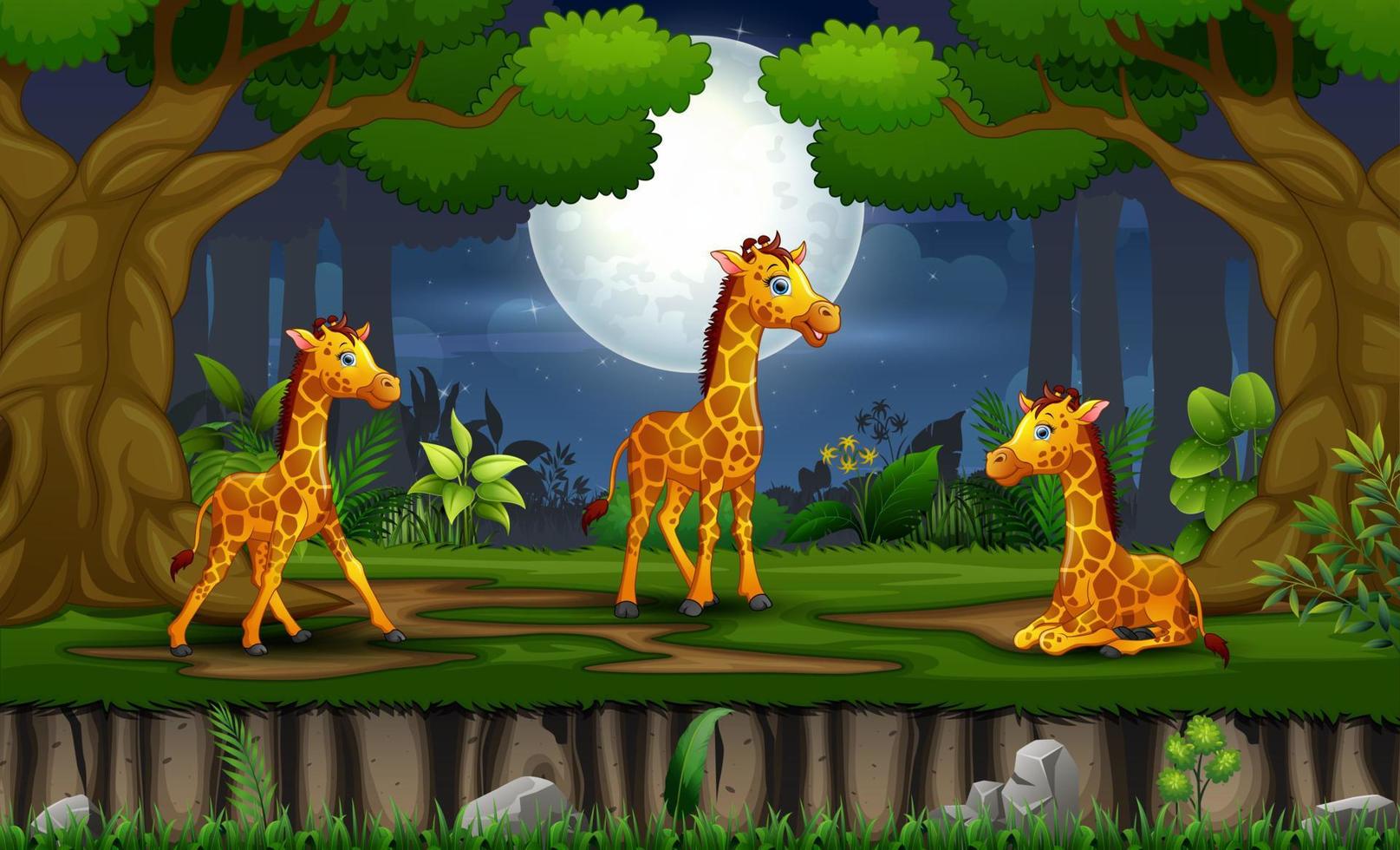 tecknade tre giraffer njuter av nattlandskapet vektor