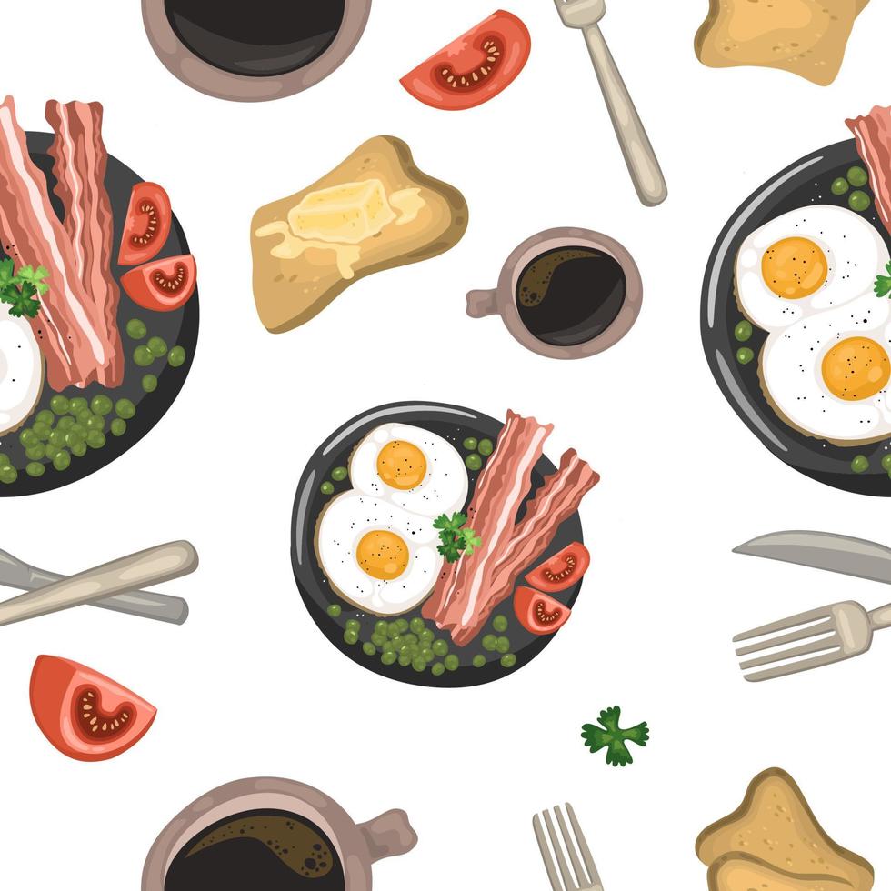 mönster engelsk frukost med äggröra med bacon, rostat bröd och kaffe. vektorillustration i tecknad stil kan användas för menyer, recept, applikationer vektor