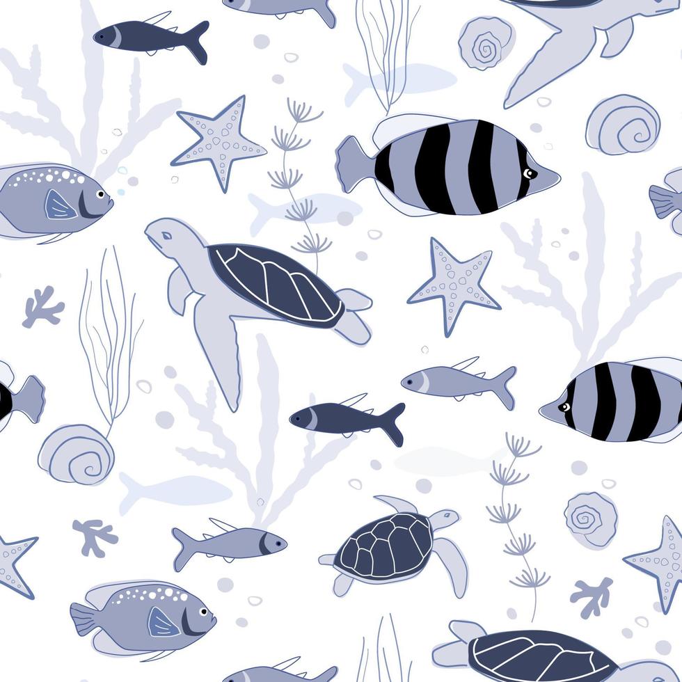 eine Reihe nahtloser Muster auf einem Meeresornament. Druck mit dem Bild von Fischen, Quallen, Korallen, Muscheln, Schildkröten mit einfachen Formen. Vektorgrafiken. vektor