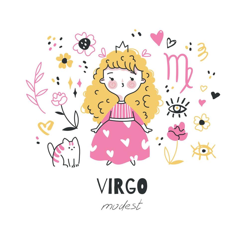 virgo stjärntecken illustration. astrologiskt horoskop symbol karaktär för barn. färgglada kort med grafiska element för design. handritad vektor i tecknad stil med bokstäver