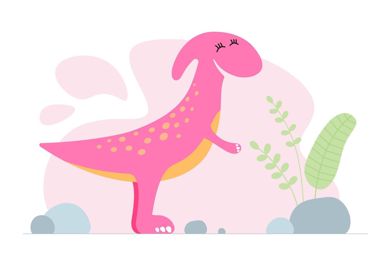 söt rosa dino. snäll leende baby dinosaurie parasaurolophus. tecknad baby grafisk design print banner. kreativ flickaktig originaldesign. hand ritning vektor eps illustration