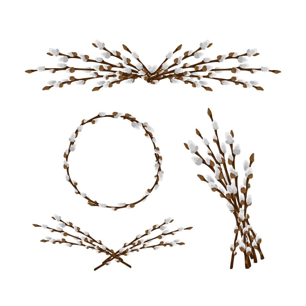 Ostern Frühling Zweige blühen Weidenkätzchen. Vektorfrühlingsferienillustration in der flachen Art der Karikatur, die auf einem weißen Hintergrund lokalisiert wird. vektor