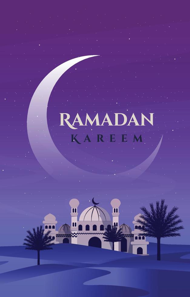 moské arabisk natt ökenlandskap islamiska ramadan kareem gratulationskort vektor