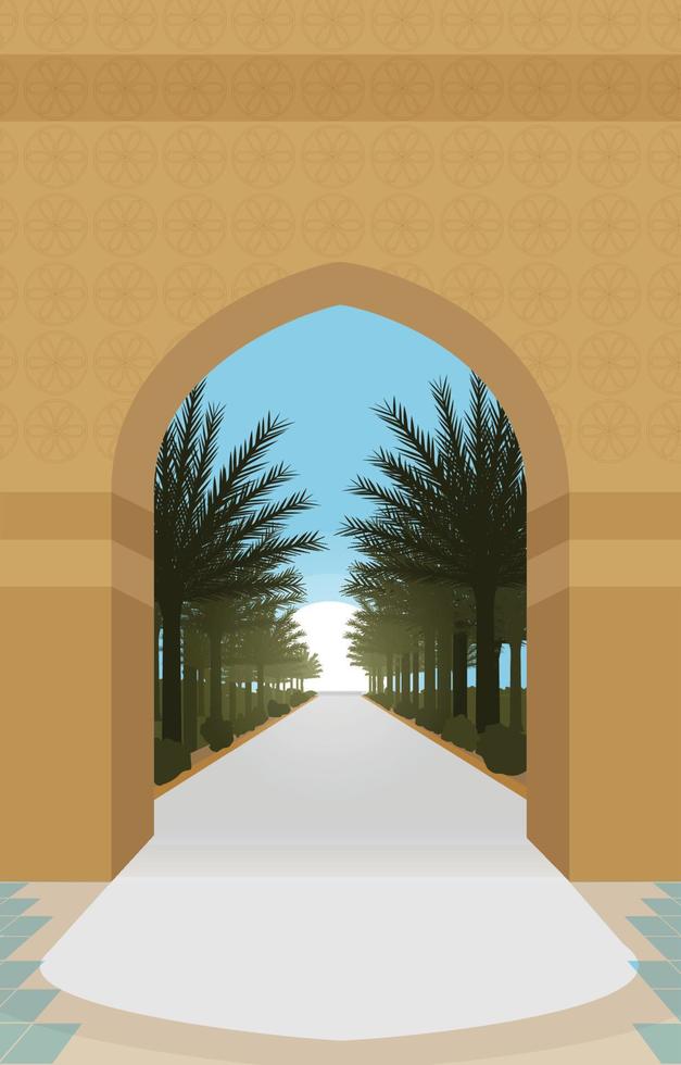 vacker date trädgård landskap gate islamiska ramadan kareem gratulationskort vektor