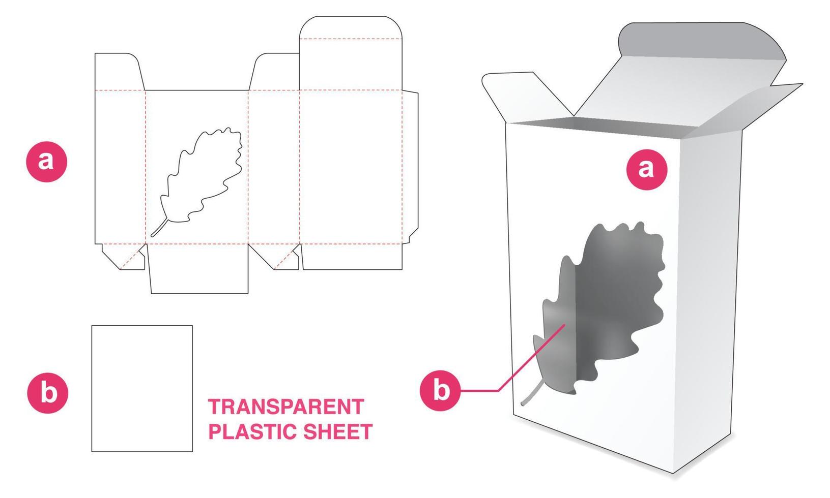 Kartonverpackung mit blattförmigem Fenster und gestanzter Schablone aus Kunststofffolie vektor