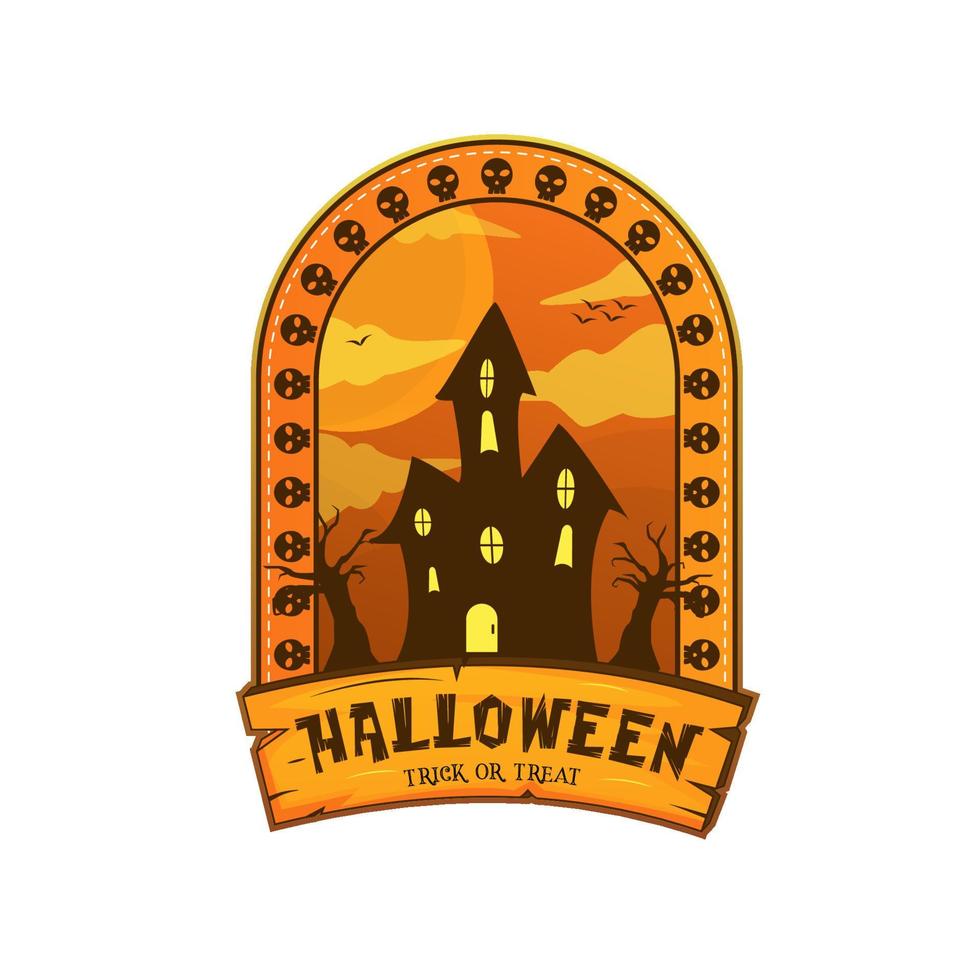 halloween pumpa hus med dödskalle logotyp koncept vektor