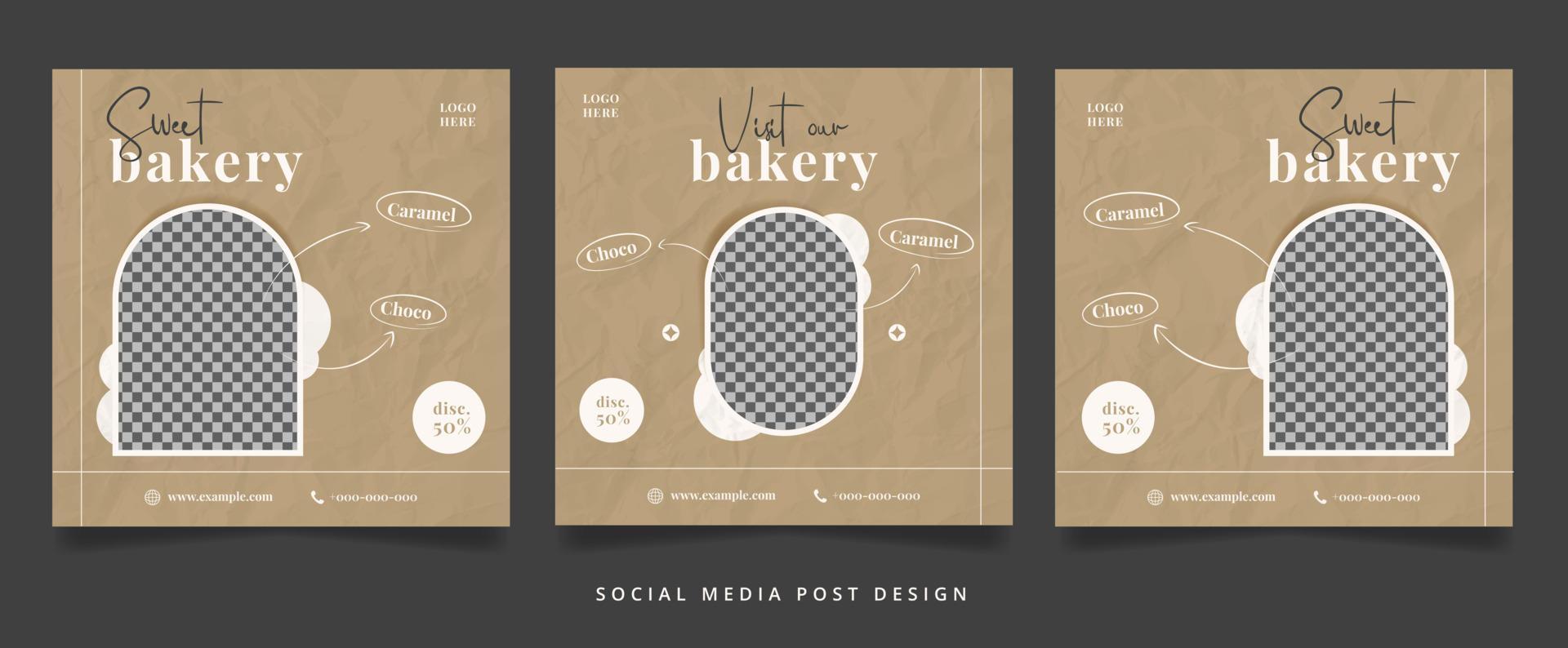 Set aus braunem Bäckerei-Flyer oder Social-Media-Banner mit zerknitterter Papierstruktur vektor