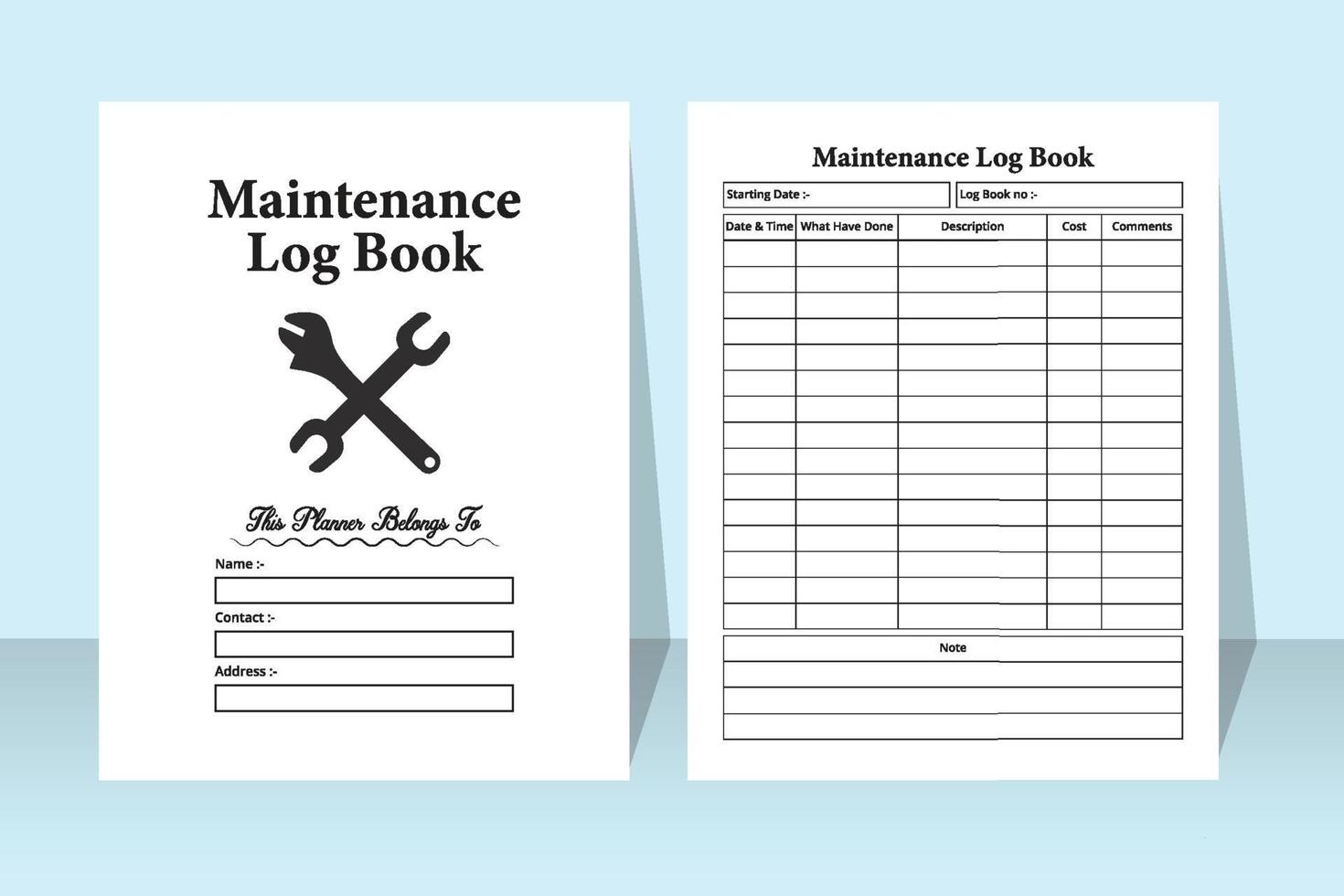 Wartungs-Tracker-Notizbuch. Wartungschecker und Kostentracker Logbuch Innenraum. Inneres eines Notebooks. Vorlage für das Tagebuch des Bürowartungsservice-Trackers. vektor