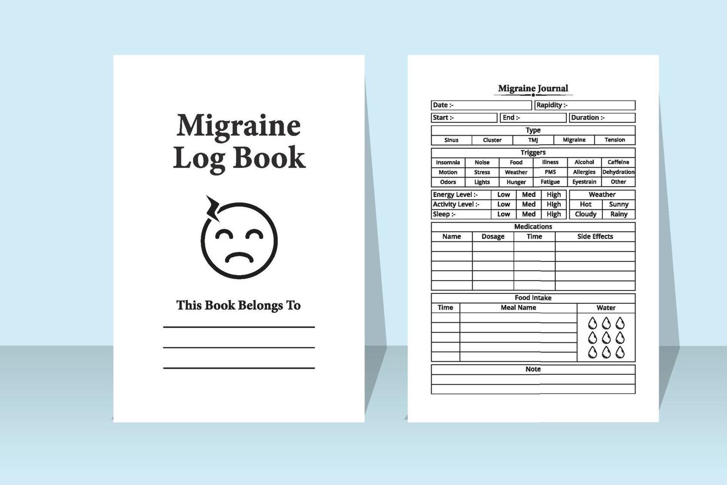 migrän journal inredning. migränsmärta tracker och medicin planerare anteckningsbok mall. insidan av en loggbok. huvudvärk medicin planerare och migrän smärta tracker loggbok interiör. vektor