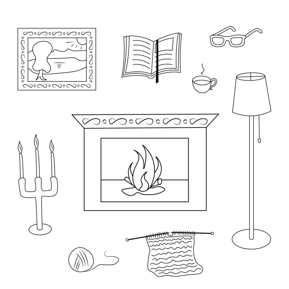 kamin, buch, bild, stehlampe, kandelaber, kerzen, brille, strick, tasse, hausset-ikonen. Gekritzelvektorillustration für den Druck, Grußkarten, Poster, Aufkleber und Textilien. vektor