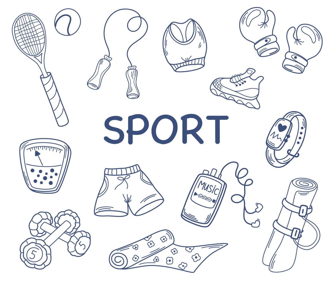 Sportartikel kritzeln. Handgezeichnete Sportbälle, Schläger, Kleidung, Boxhandschuhe, Waagen, Springseile, Spieler, Uhren und Hanteln. sport fitness und gesundheitsset. Cartoon-Vektor-Illustration vektor