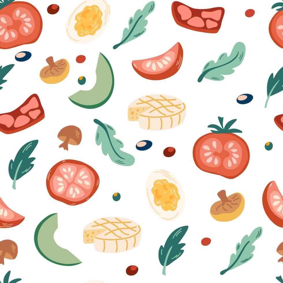 vegetarisches essen nahtloses muster. endloser hintergrund mit gemüse, pilzen, eiern, tomaten, avocado, käse und gemüse. sich wiederholender Druck mit frischen Zutaten, Gemüse. Vektor-Illustration vektor