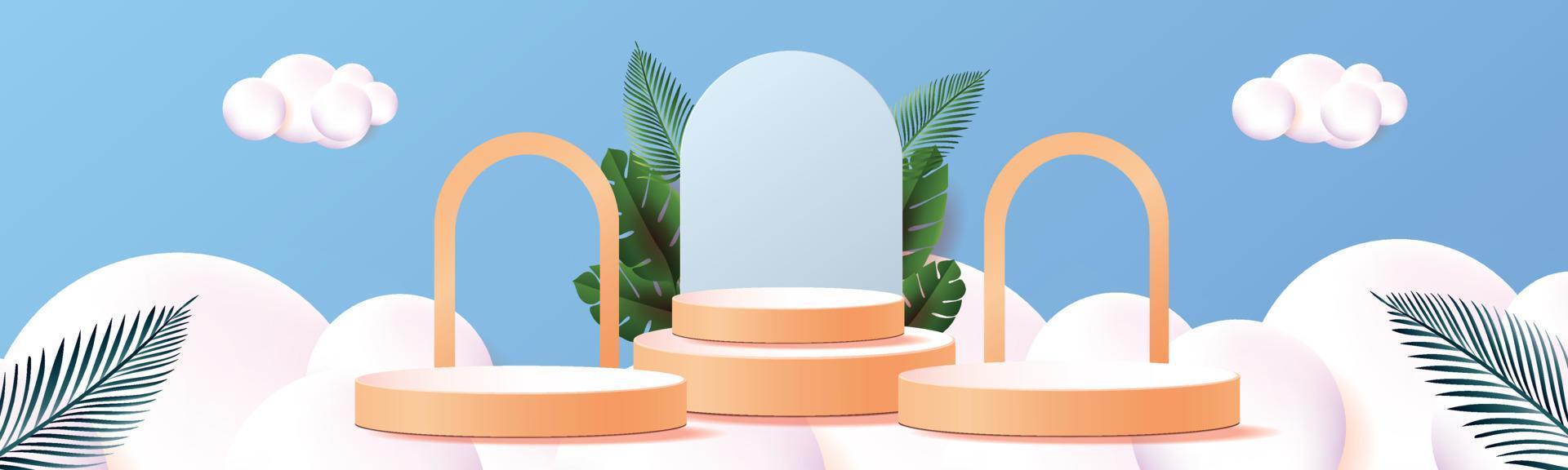 3D geometrisches Podium Mockup Blatt tropisches Naturkonzept für Schaufenster grünen Hintergrund abstrakte minimale Szene Produktpräsentation Vektor Illustrator