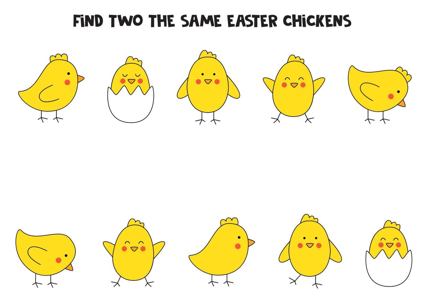 hitta två söta identiska påskkycklingar. pedagogiskt spel för förskolebarn. vektor