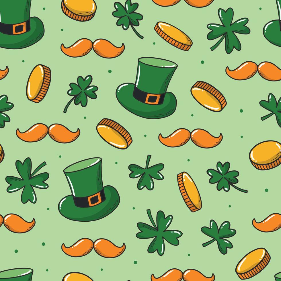 st.patrick's day nahtloses muster mit kleeblättern, goldenen münzen, schnurrbart und koboldhüten auf hellgrünem hintergrund. irischer Druck, Weihnachtsgeschenkpapier, Scrapbooking, Tapeten usw. Folge 10 vektor