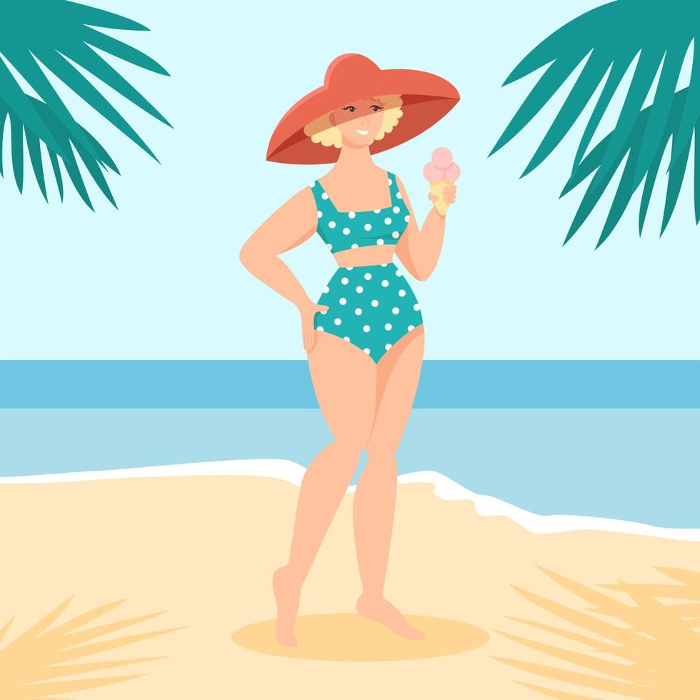 Flache Vektorillustration einer jungen Frau, die einen mintfarbenen und weißen gepunkteten Bikini und einen großen Hut im Retro-Pinup-Stil trägt. weibliche Figur am Strand Sommer Hintergrund mit Palmblättern und Meer vektor