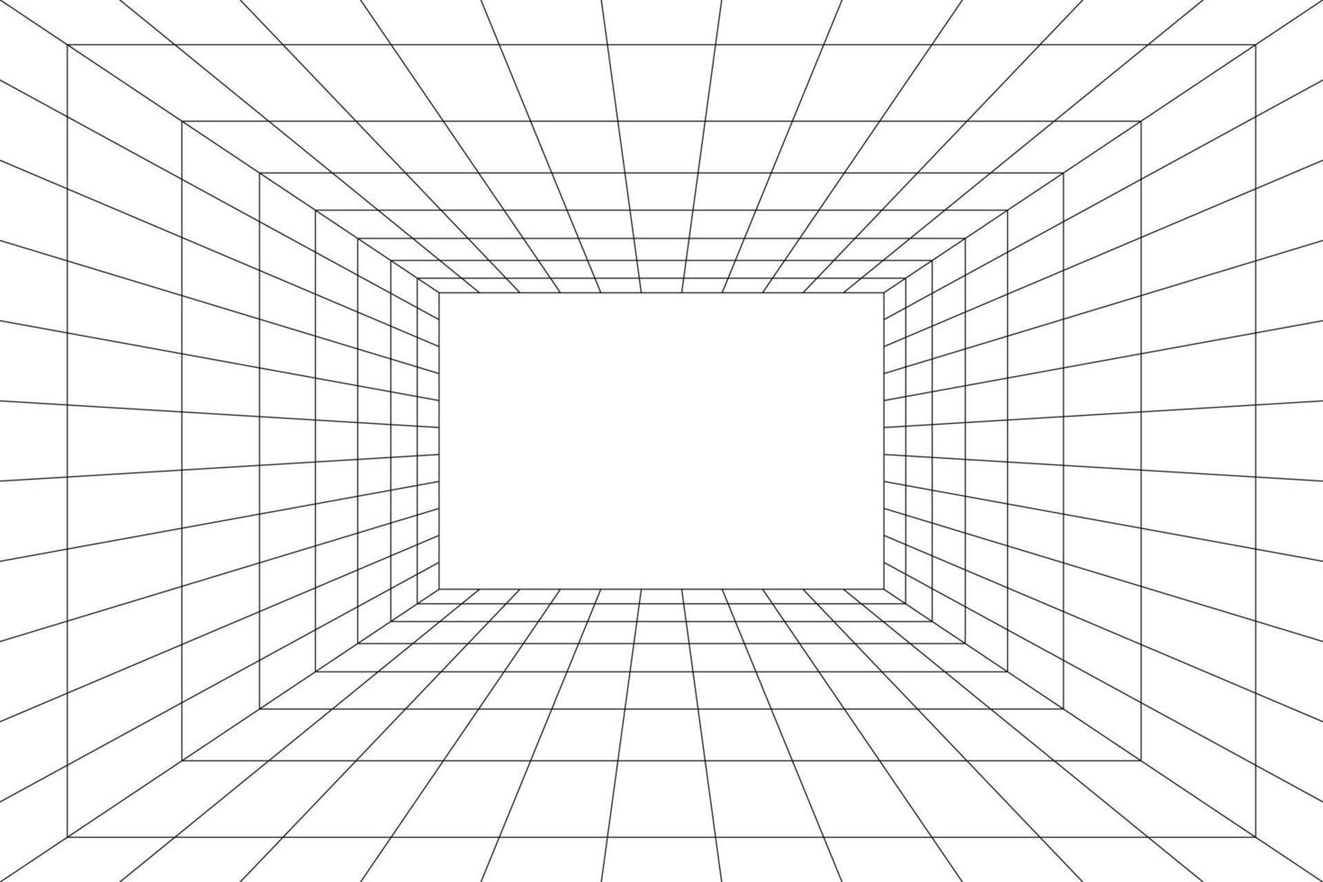 rutnätsrum i perspektiv, vektorillustration i 3d-stil. inomhus wireframe från svarta linjer, mall interiör kvadrat, digital tom box. minimal bakgrundsdesign vektor