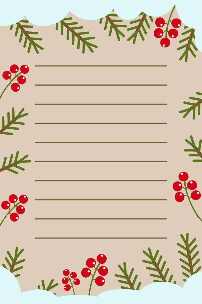 önskelista, mall för att göra-sida för jul och nyår, med grangrenar, vinterbär, snö. vektor illustration isolerad på en vit bakgrund.