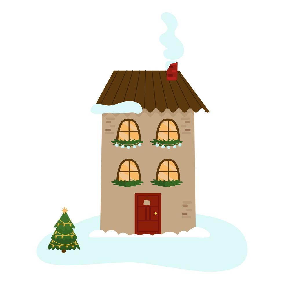 ett mysigt vinterhus i två våningar, dekorerat med grangirlanger till jul. en festlig vinterstad. vektorillustration för design, inredning, vykort vektor