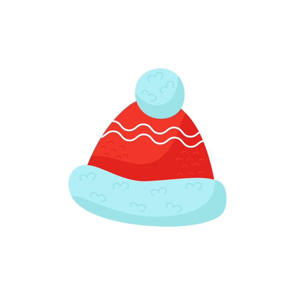 Wintermütze mit Bommel, warm gestrickt, rot mit Fell. niedliche vektorillustration. für eine feiertagskarte, ein banner, ein menü, einen flyer. vektor