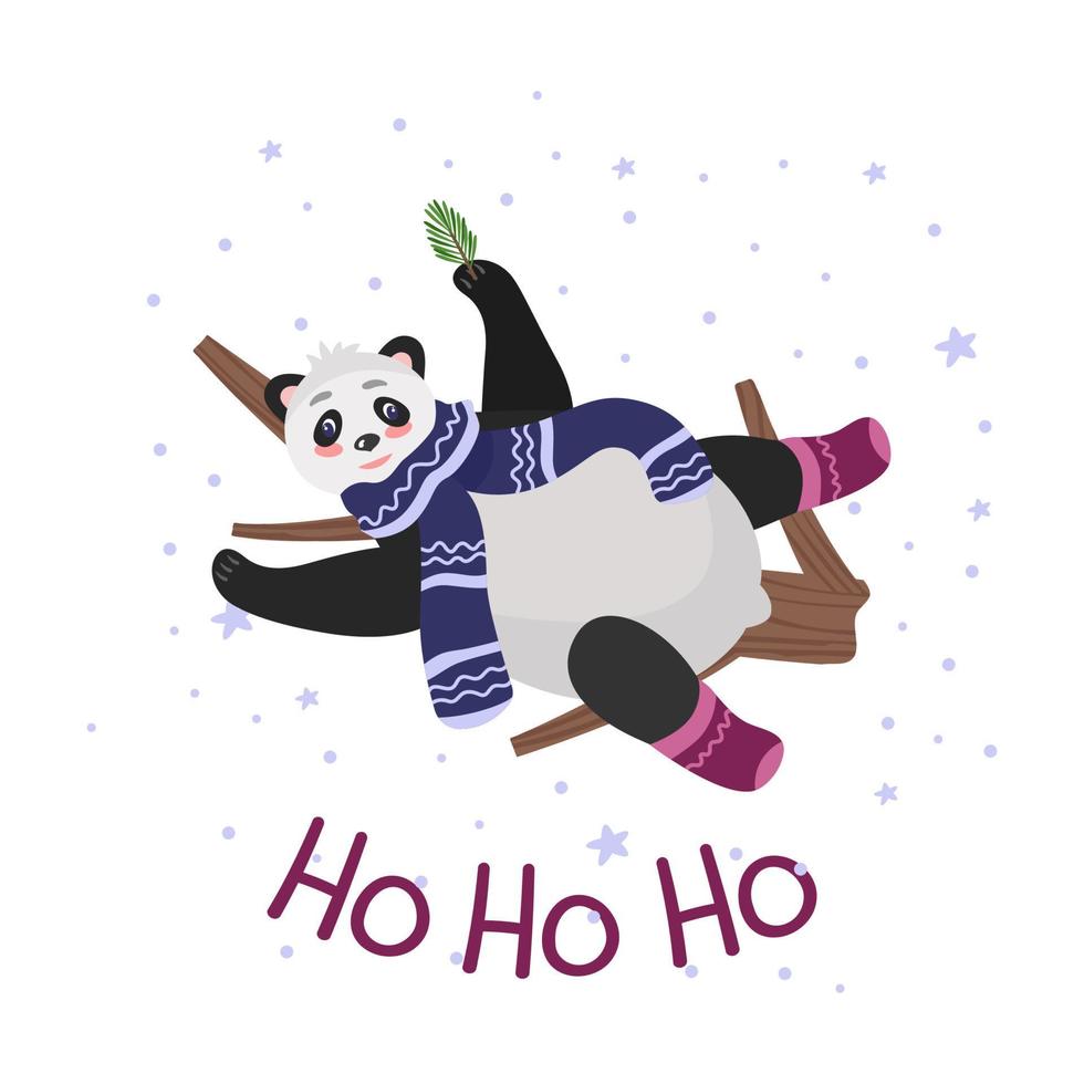 ho-ho-ho, eine Weihnachtskarte mit einem Pandabären auf einem Baum und einer Inschrift. in warmer Winterkleidung, Schal und Socken. vektorillustration für design und dekor, banner vektor