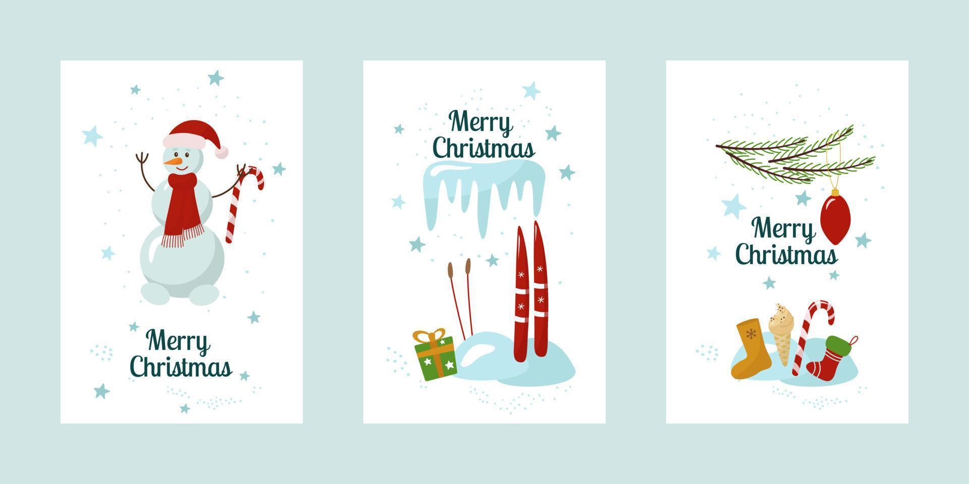 Frohe Weihnachten. Set aus drei Postkarten mit einem Schneemann, Skiern, Geschenken und Süßigkeiten. Neujahrsbanner, Poster. Vektor. vektor