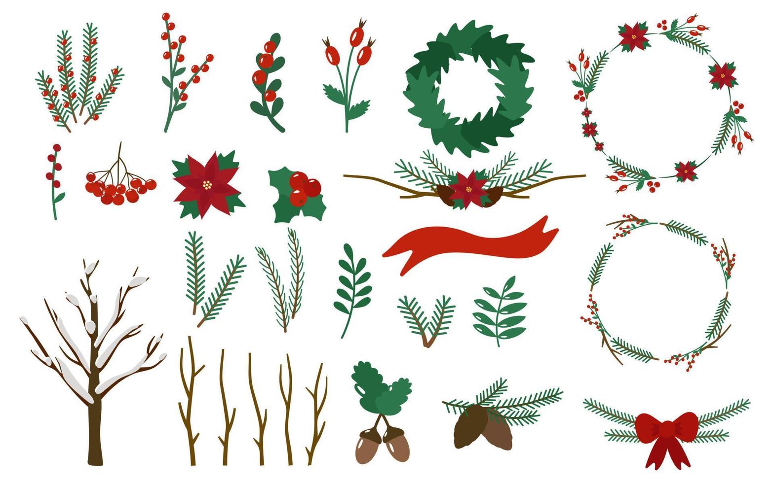 uppsättning av julkvistar, bär, kransar. järnek, julstjärna, rönn, nypon, ekollon, kotte. vektor illustration.
