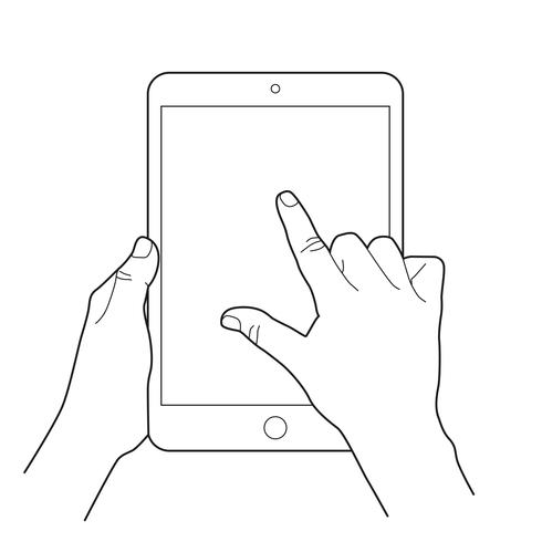 Skizze der Hand eine Tablette und einen Finger halten, die leeren Bildschirm, Notenanzeigenzoom berühren oder Geste drehen. vektor