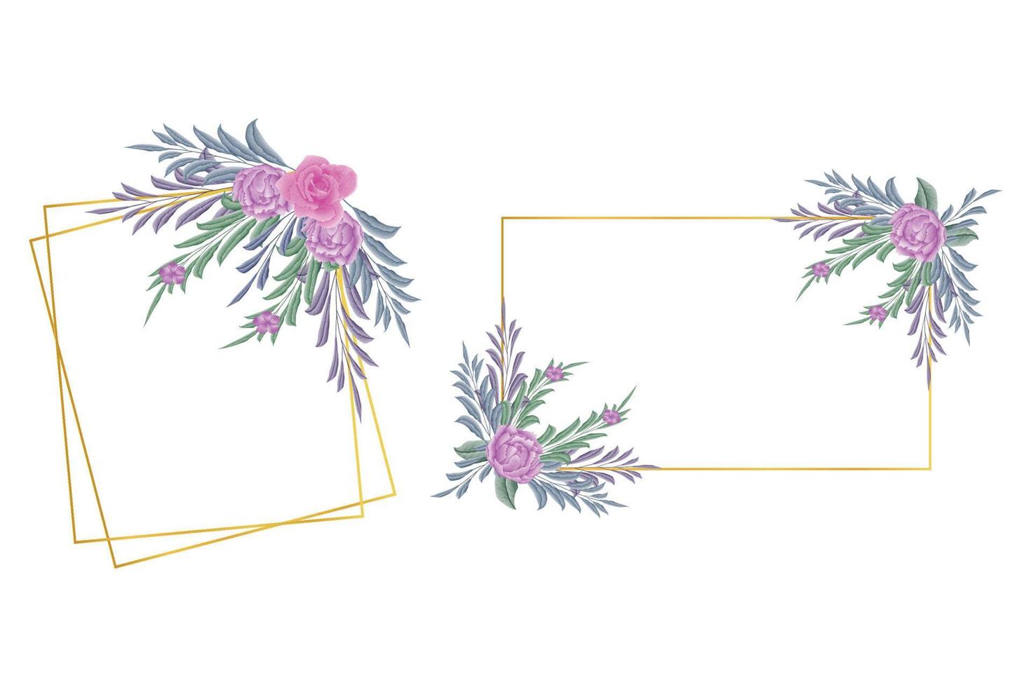 goldener hochzeitsrahmen mit aquarelllila pfingstrosen und rosa rose vektor
