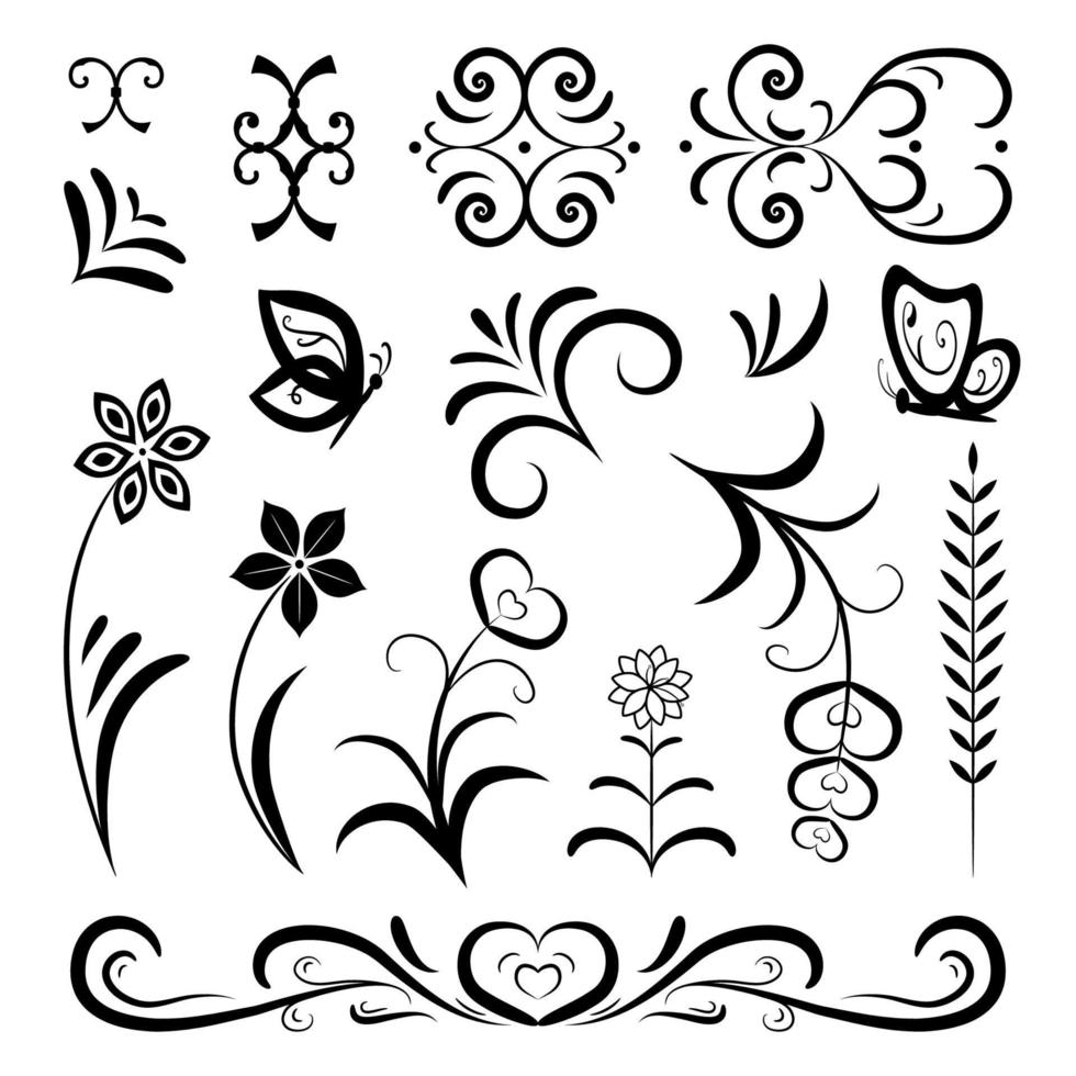 vintage uppsättning linjära svarta element på en vit bakgrund. blommor, löv, lockar, hjärtan för att dekorera romantiska kort, inbjudningar, böcker. eleganta symboler för din design. platt vektorillustration vektor