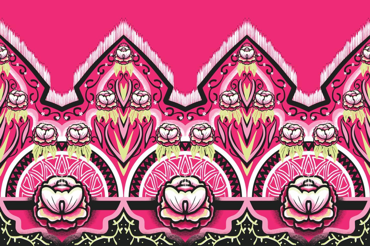 rosa, grüne, weiße schwarze blume auf rosa. geometrisches ethnisches orientalisches Muster traditionelles Design für Hintergrund, Teppich, Tapete, Kleidung, Verpackung, Batik, Stoff, Vektorillustrationsstickereiart vektor