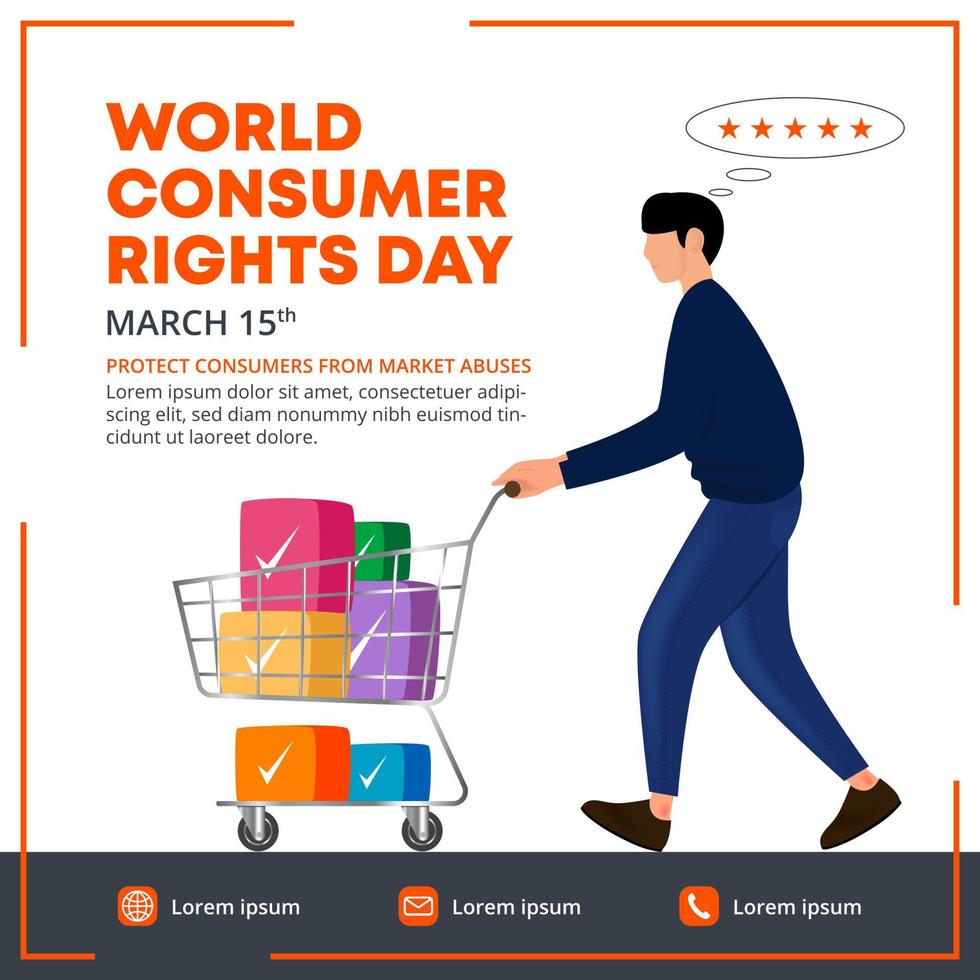 World Consumer Rights Day bannerdesign med en man som är nöjd med shopping vektor