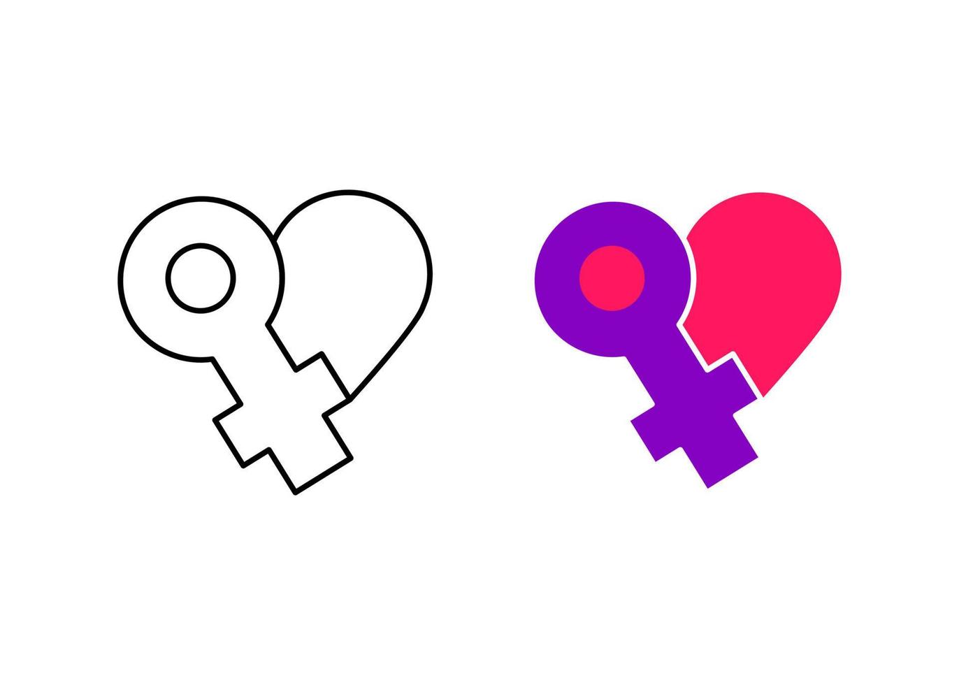 modernes Herz neben Frauen-Icon-Set. Symbol für den Frauentag aus modernen Herzsymbolen. Herzvorlage mit linearer und farbenfroher weiblicher Ikone. weißer Hintergrund des einfachen linearen Vektors. vektor