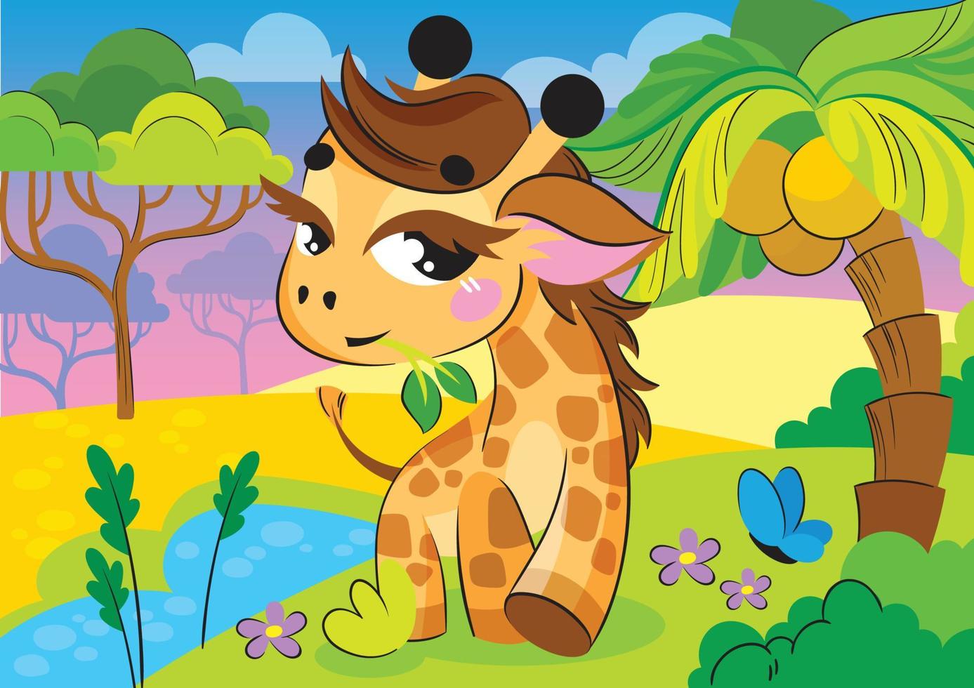 Eine niedliche, lustige, stilisierte Babygiraffe sitzt in der Savanne unter einer Palme. kinderillustration für kinder im vorschulalter. vektor