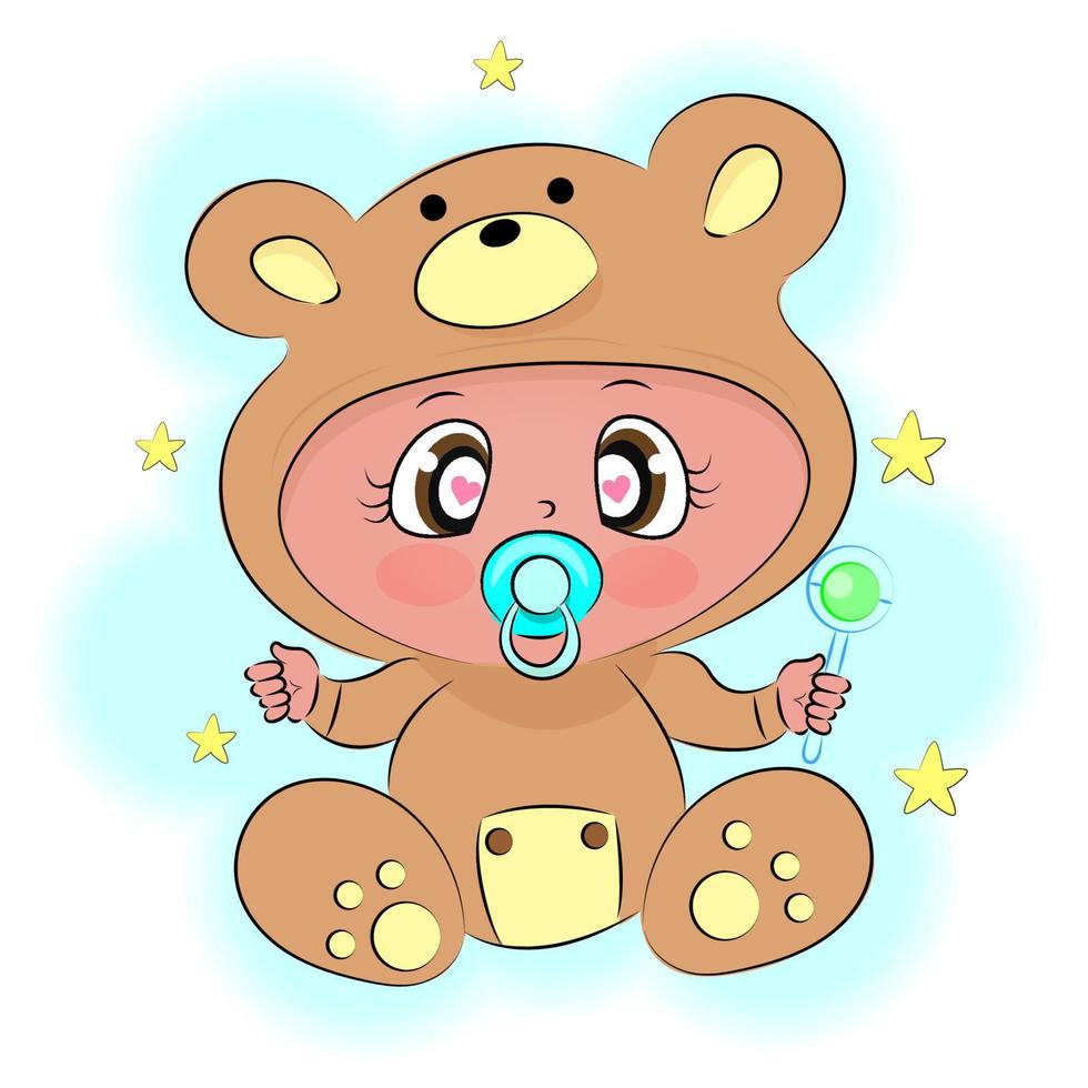 söt baby lek med skallra i nallebjörnskostym med stjärnor baby shower födelsedagskort för babyfest textiltryck paketdesign t-shirts vektor