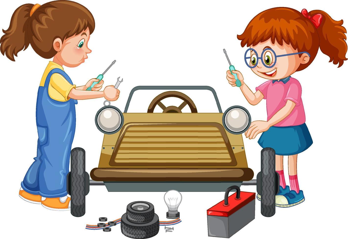 Zwei Mädchen reparieren gemeinsam ein Auto vektor