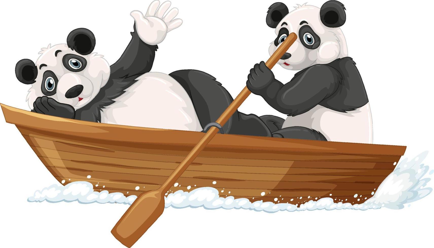 Pandas auf Holzboot im Cartoon-Stil vektor