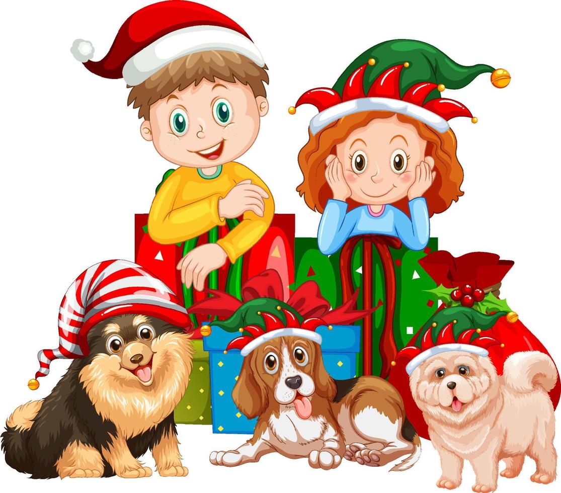 barn och hundar i juldräkter vektor