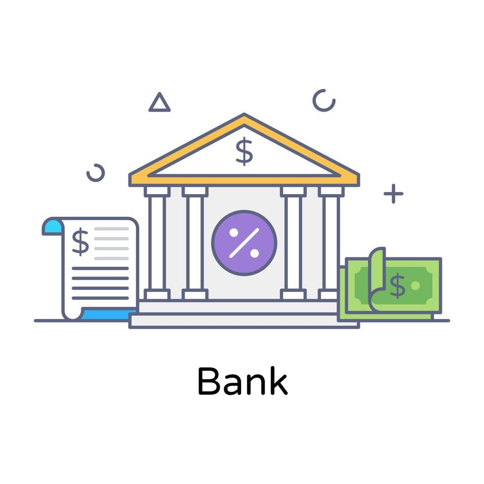 Ein Säulengebäude mit den Dollars, die die Bank charakterisieren, flacher Umrissvektor vektor