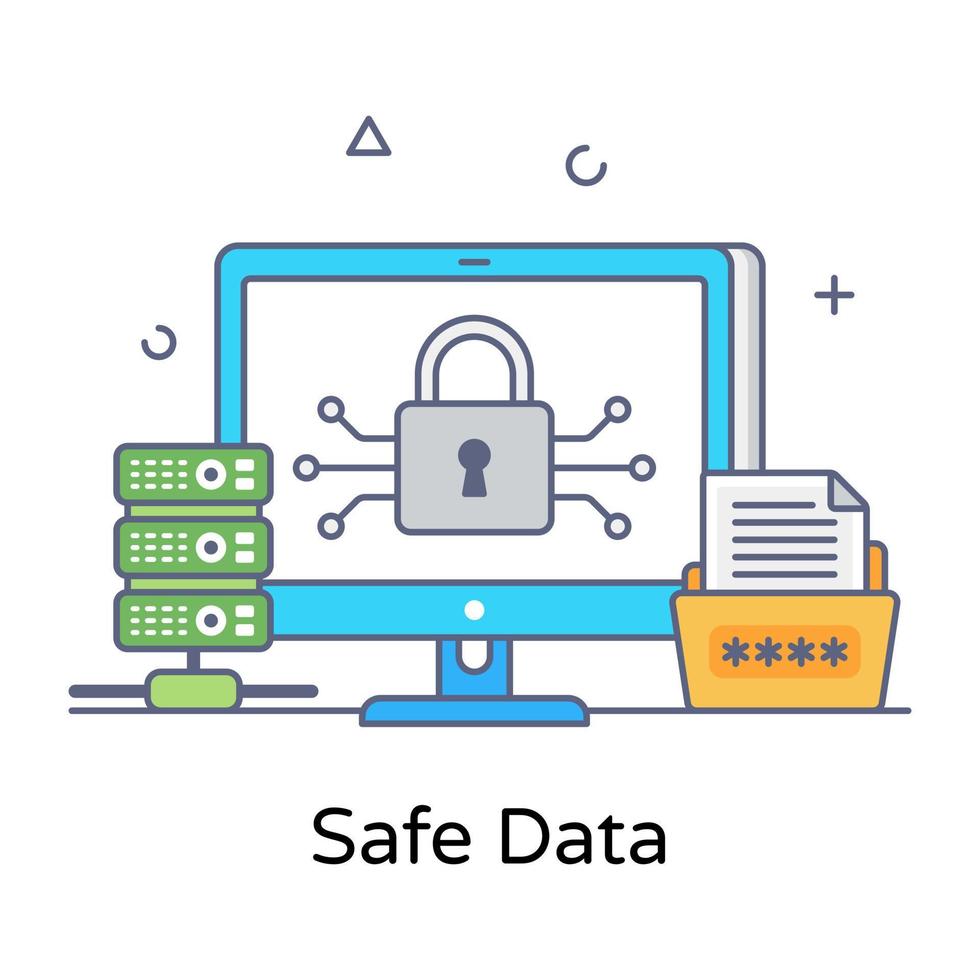 flaches konzeptionelles symbol für sichere daten, sicherheit von information sicher, daten, sicher, verschlüsselt, geschützt, vertraulich, schutz, monitor, symbol, vektor, flach, umriss vektor