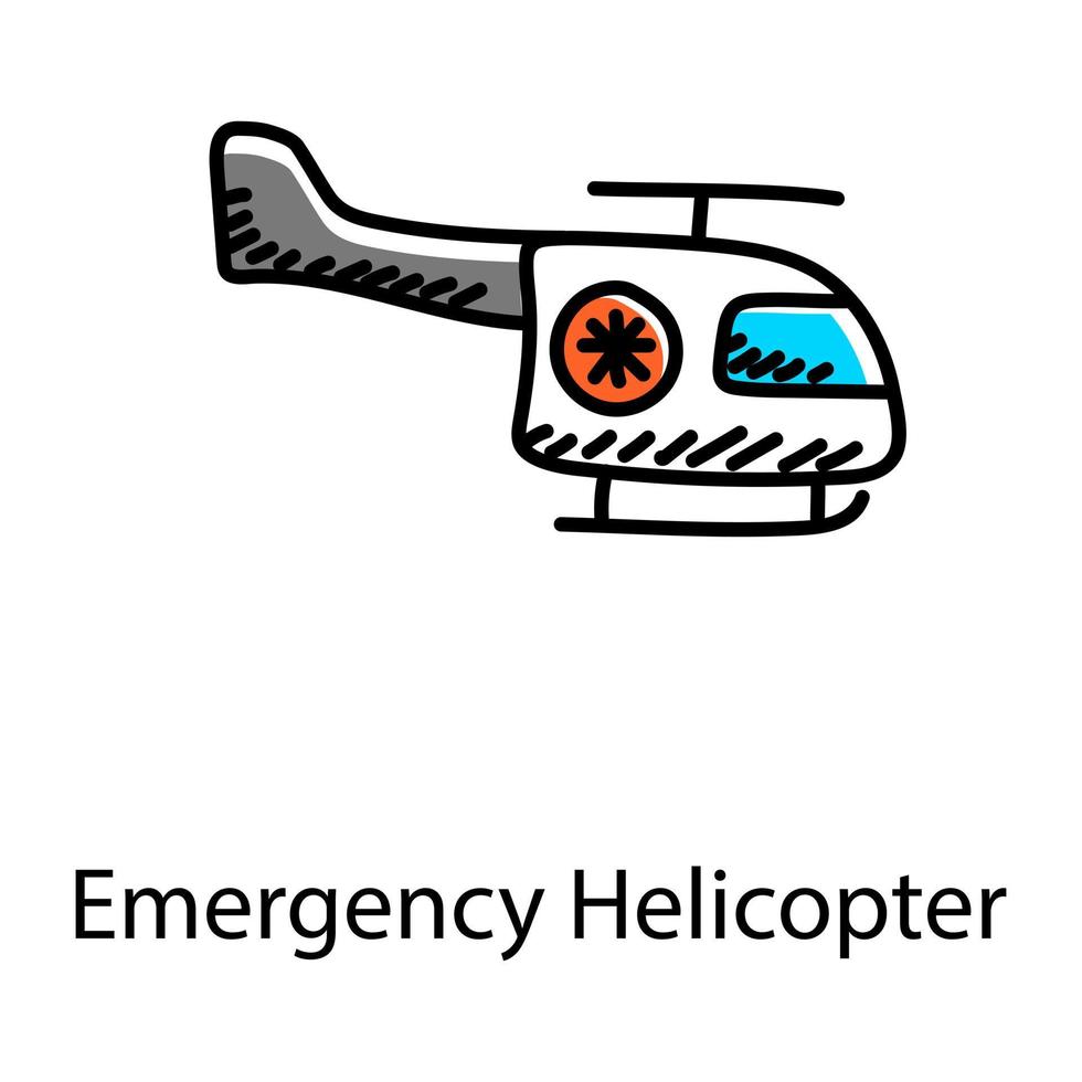nödhelikopter doodle ikon, medicinsk flygtjänst vektor