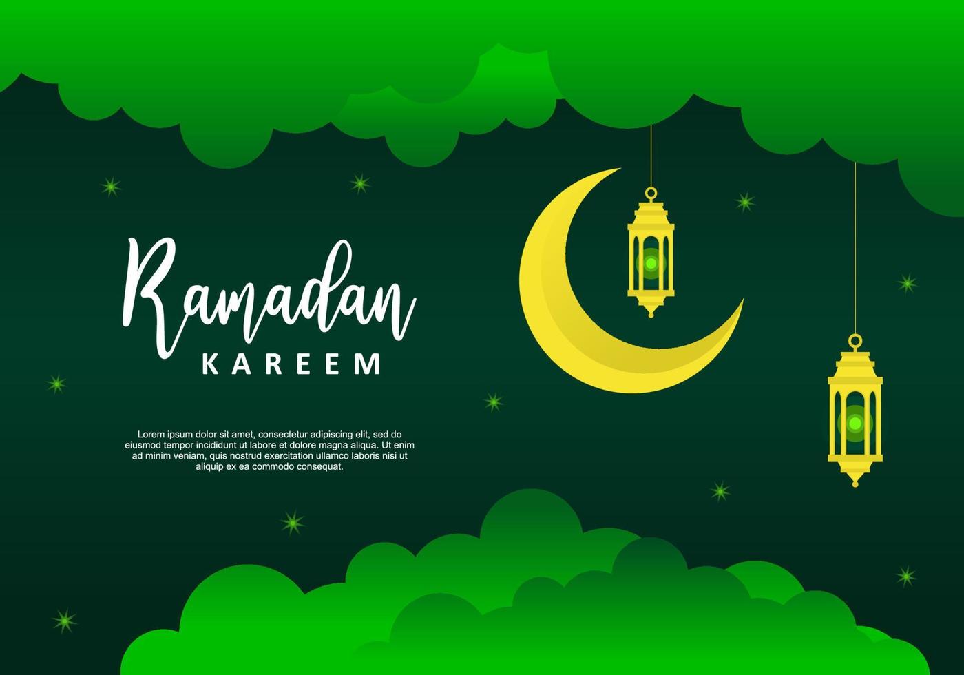 ramadan kareem mit gelbem mond, laterne lokalisiert auf grünem hintergrund. vektor