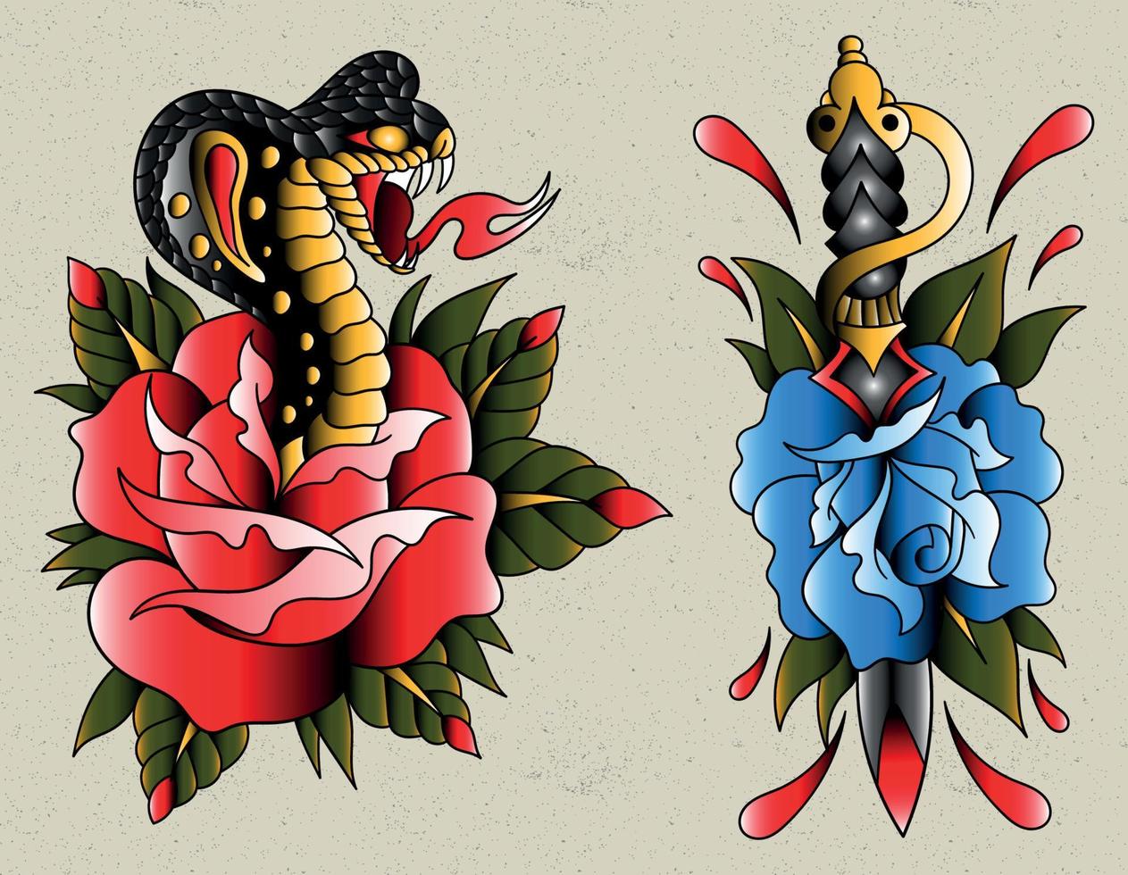 kobra och ros en dolk ros traditionell tatuering vektor