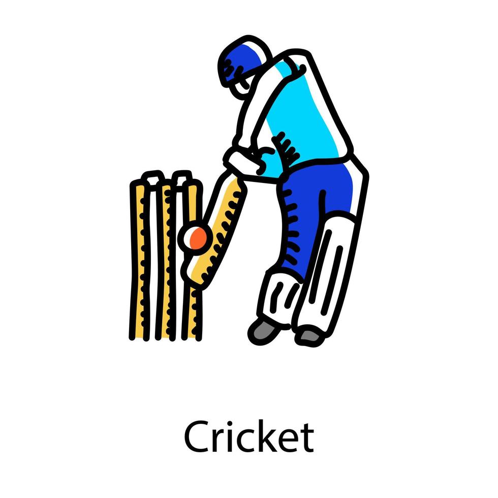 Mann mit Fledermaus und Pforten, der die Doodle-Ikone von Cricket bezeichnet vektor