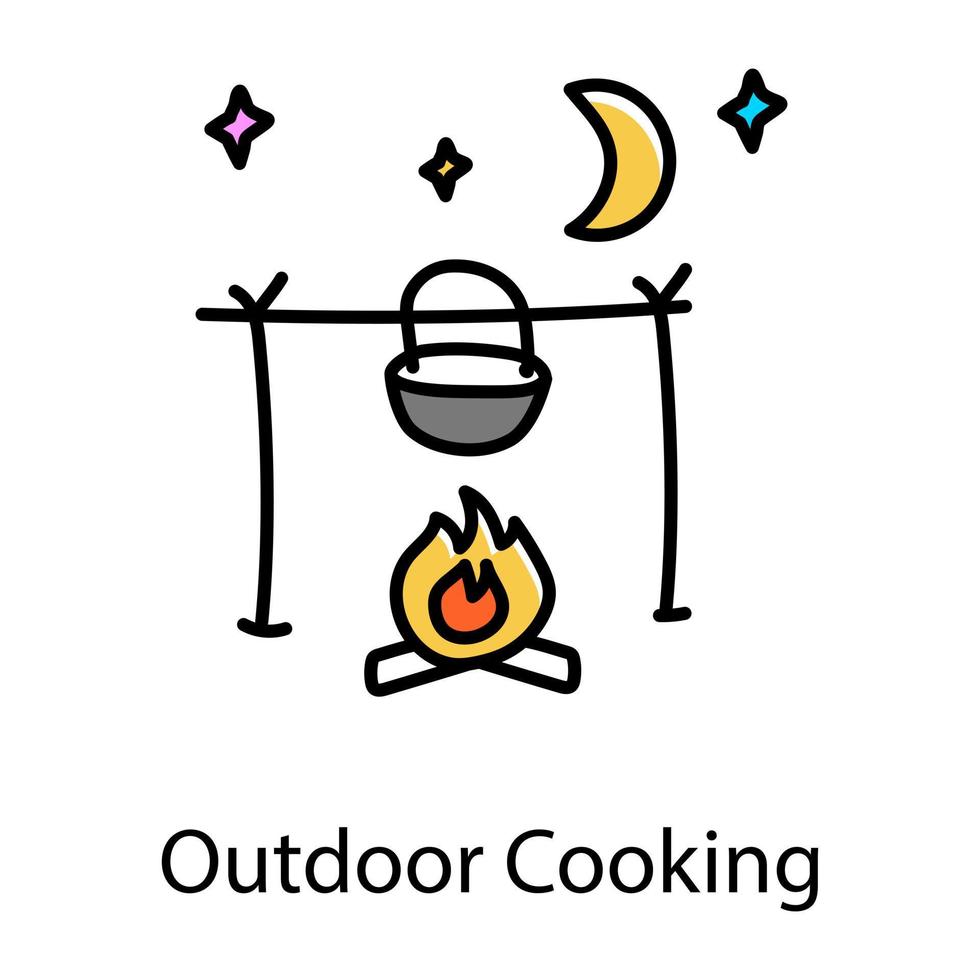 Kochtopf, der das Doodle-Symbol des Kochens im Freien bezeichnet vektor