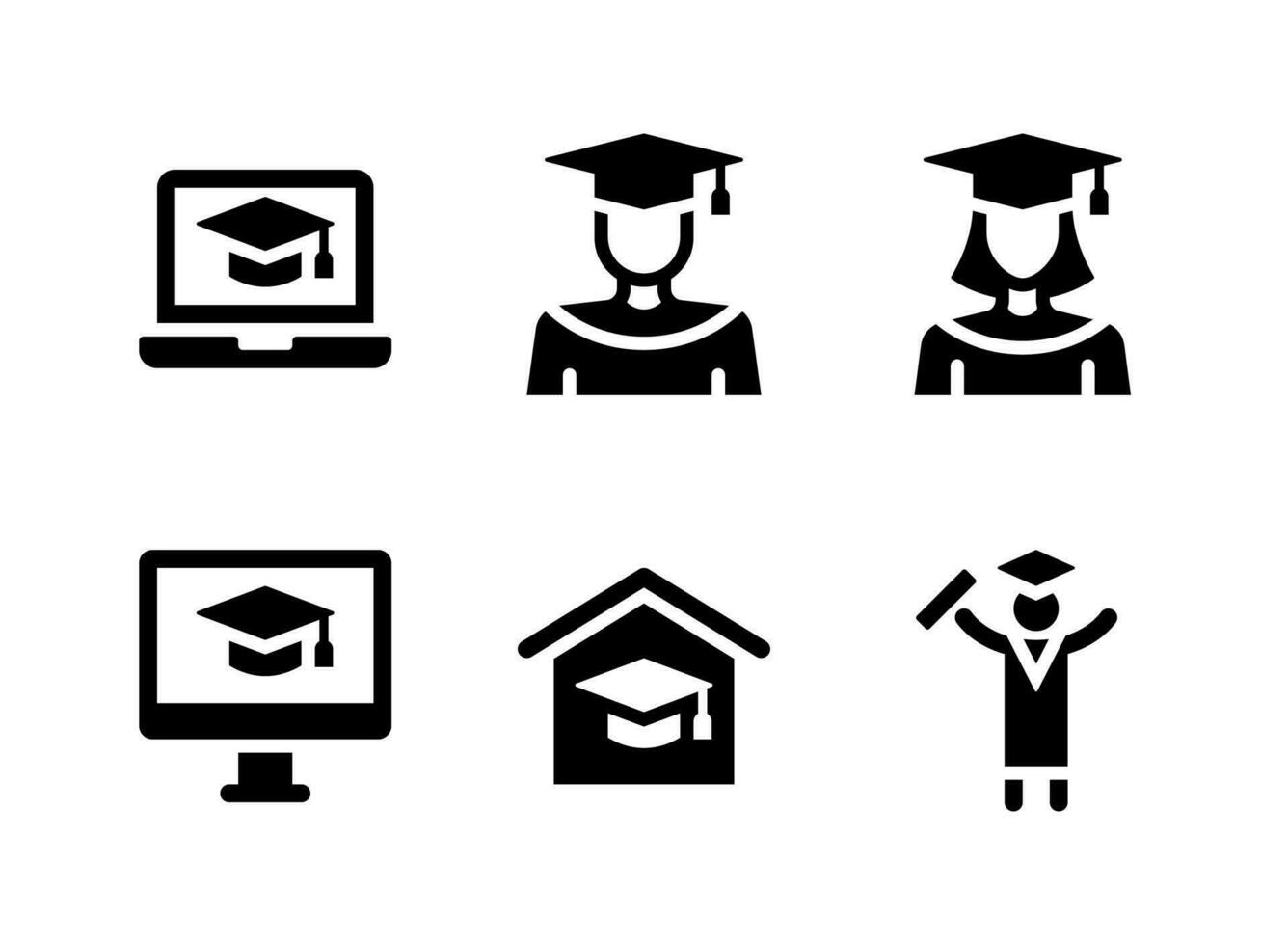 enkel uppsättning av examen relaterade vektor solida ikoner. innehåller ikoner som onlineinlärning, studentman, kvinna och mer.